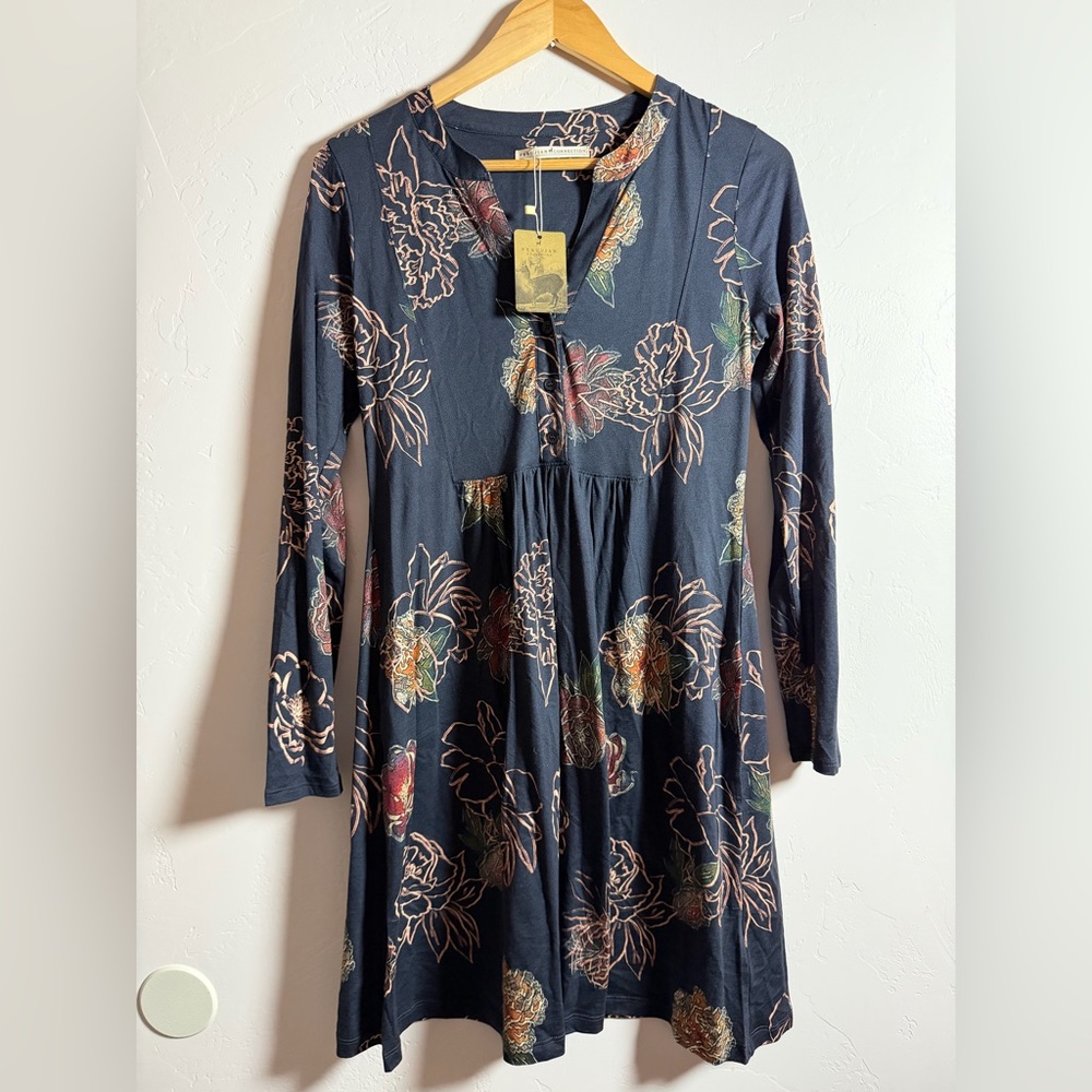 NWT Peruvian Connection Masseria Dress Blue Floral Dress Size XS